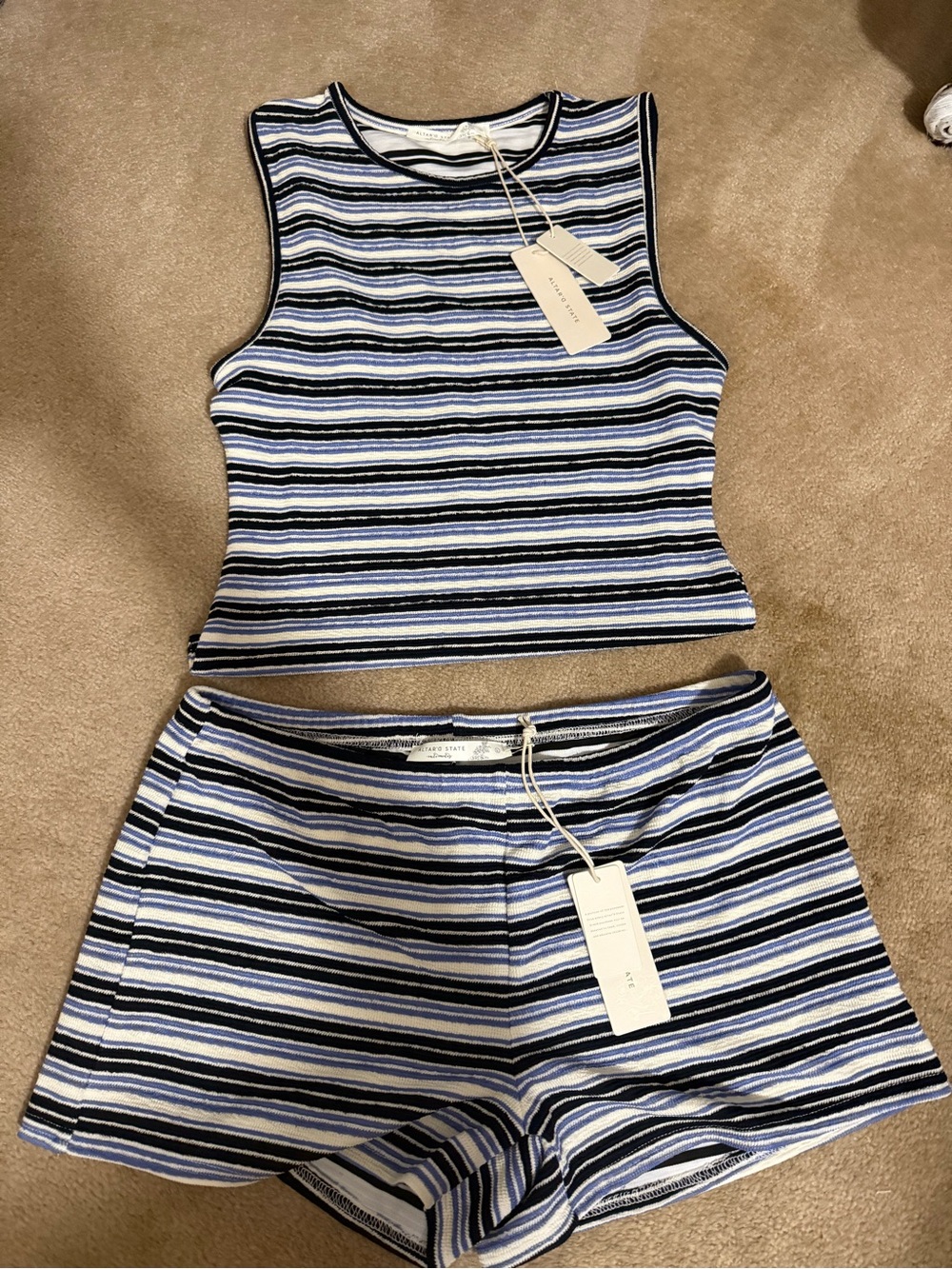 Altar'd State Blue, White & Black Striped Tank + Shorts Set